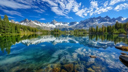 A stunning view of a crystal-clear lake reflecting the surrounding snow-capped mountains and evergreen forests, all under a bright blue sky with scattered, fluffy clouds. 