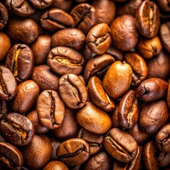 Fototapeta premium Close-up of roasted coffee beans with rich textures and deep, inviting brown tones