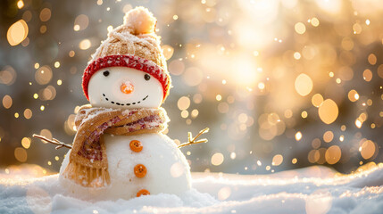 Obraz premium Happy Snowman with Carrot Nose and Knitted Hat in a Snowy Winter Wonderland with Golden Bokeh Lights, Christmas and Holiday Themes, copy space