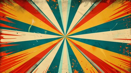 Photorealistic frontal view of a colorful retro burst, designed with sharp vectors, vivid rays, and a 1950s comic book style, balanced to convey dynamic motion and vintage charm