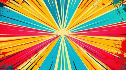 Photorealistic frontal view of a colorful retro burst, designed with sharp vectors, vivid rays, and a 1950s comic book style, balanced to convey dynamic motion and vintage charm