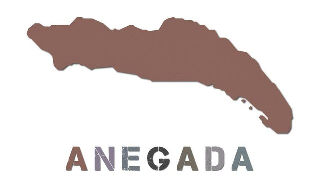 Anegada map with paper regions. Animated island map growing from regions and title letters falling down. Astonishing 4K animation.