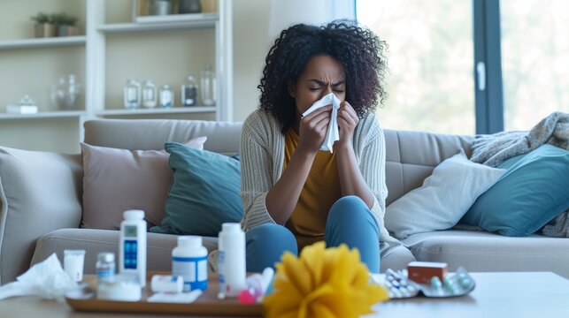 Woman sitting on a couch, holding tissues and sneezing into a tissue, with a thermometer and medications on the coffee table