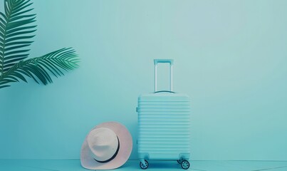 Obraz premium Minimalist Blue Suitcase with Sunglasses and Hat in Pastels