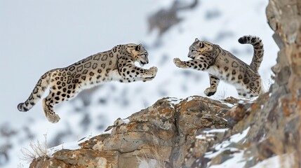 AI generated illustration of snow leopards engage in a playful chase up rocky cliffs