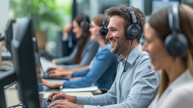 Team of business professionals in headsets using computers