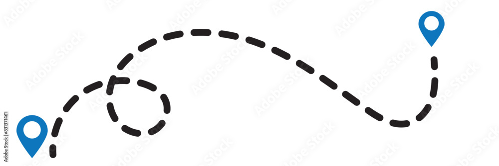 Poster route icon - two points with dotted path and location pin. route location icon two pin sign and dott