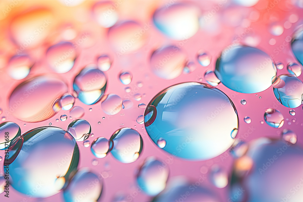 Poster Pink holographic bubbles floating on the soft colorful abstract background in beautiful vivid tones.