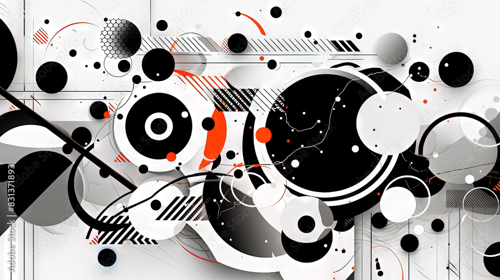 Poster geometric abstract background with black dots, circles and lines.