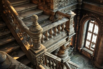 Detailed view of a classic wooden staircase with intricate designs, in a luxurious interior