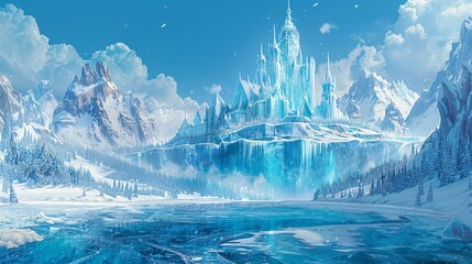 A castle is shown in the distance with a frozen lake.