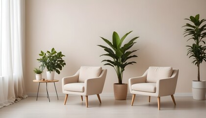 Modern minimalist interior with an armchair on an empty white color wall background. 3D Rendering