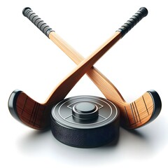 Hand hold hockey puck and crosses hockey stick behind. Vector sport logo isolated on white for any team or competition