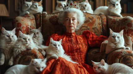 Elderly lady wearing crown and red dress sitting in chair with her white cats.
