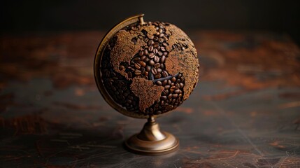 Rotating globe featuring continents made of hyperrealistic 3D coffee beans