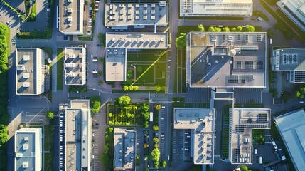 Aerial perspective of a modern factory complex, multiple buildings with green areas and parking lots, organized layout, surrounded by industrial zones, sunny day, photography, drone shot