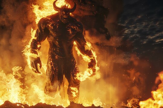 Dramatic digital art depiction of a horned demon surrounded by intense fire