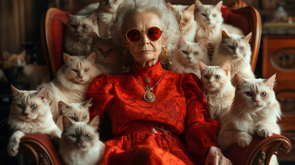 Old lady wearing red dress sitting in chair with her cats around.