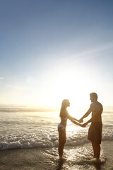 Outdoor, couple and holding hands, beach and peace in water, bikini and swimwear to relax in...