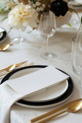Modern, sleek menu card template displayed on a beautifully arranged wedding table setting with flowers and dinnerware