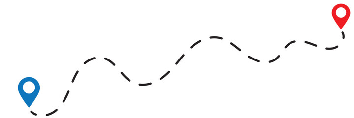 Route icon - two points with dotted path and location pin. Route location icon two pin sign and dotted line. Travel vector icon. Travel from start point and dotted line tracing