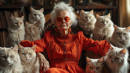Old lady wearing red dress sitting in chair with her cats around.