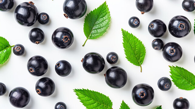 Creative mockup made of chokeberries with green leaves on white background. Flat lay, top view.