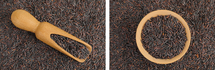 Black rice in a wooden scoop and bowl as a background. Top view. Flat lay