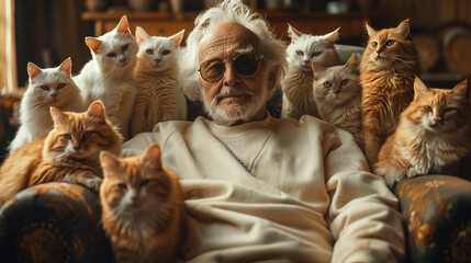 Fototapeta na wymiar Grandfather wearing sunglasses sitting in chair with many cats.