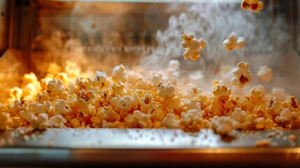Hot popcorn being freshly popped in a movie theater concession stand, with steam rising and golden kernels in mid-air