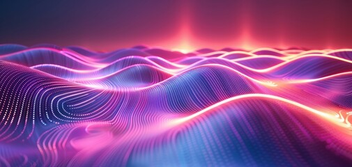 Soothing digital neon waves, 3D vertical light lines, close-up view, smooth transitions in soft...