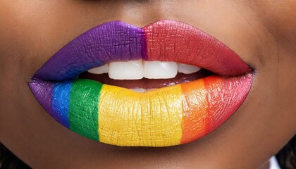 lips closeup with lipstick color of lgbt flag