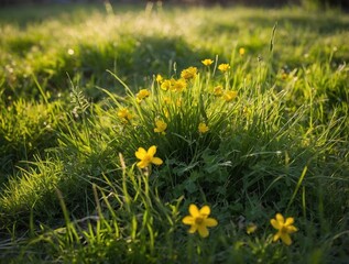 Fresh young grass and yellow wild flowers.