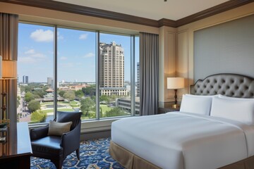 Fototapeta premium Modern bedroom with city view and stylish decor, creating a bright and inviting space for rest