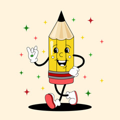 Comic flat yellow Pencil with face on decorated background. Vector cartoon stationery illustration in retro style. Vintage image of cute school supply character with smile for poster or advertising