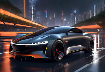 Obraz premium concept of a futuristic car of the future on a night city street, modern electric car,