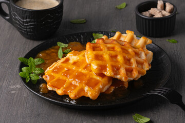 Fresh breakfast. Waffle with fruits jam