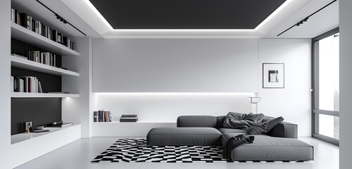 minimalist living room with stark white walls and a dramatic black ceiling