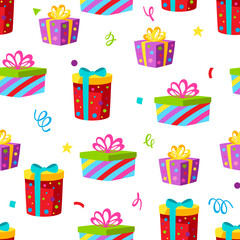 Gift boxes pattern. Happy Birthday and party illustration.