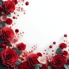 frame of roses for invitation card, Red beautiful roses on white background, Red roses surrounding a paper note
