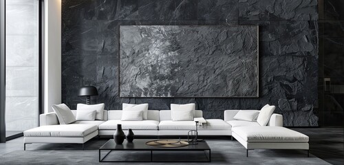 minimalist living room with a striking feature wall in dark slate gray