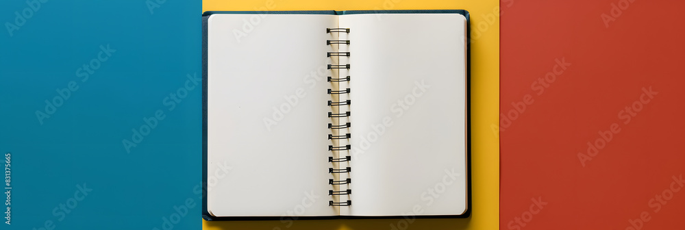 Poster a copy space image of an empty notebook photographed from a top down perspective on a bicolor backgr