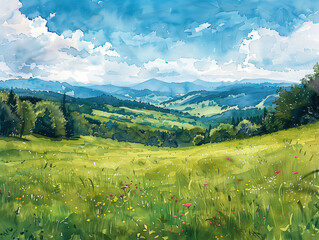 Paysage d'une superbe prairie de montagne à l'herbe verte sous un soleil clair et un ciel bleu, illustration à l'aquarelle