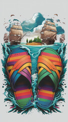 Obraz premium An illustration of colorful beach sandals that magically transform into a stunning sea and a charming little island. The overall effect is a harmonious combination of nature and human creativity.