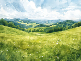 Paysage d'une superbe prairie de montagne à l'herbe verte sous un soleil clair et un ciel bleu, illustration à l'aquarelle