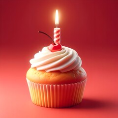 Sweet Celebration: Cupcake with Pink Frosting and Candle, Generative AI, Fresh tasty cupcake with candle on red background