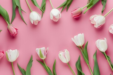 Flat Lay of Tulips on Pastel Pink Background for Women's Day
