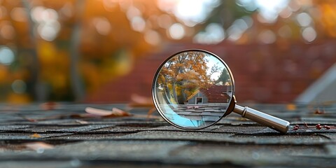 A magnifying glass hovering over a house roof symbolizing real estate investment and house hunting. Concept Real Estate Investment, House Hunting, Magnifying Glass, Home Ownership, Property Search