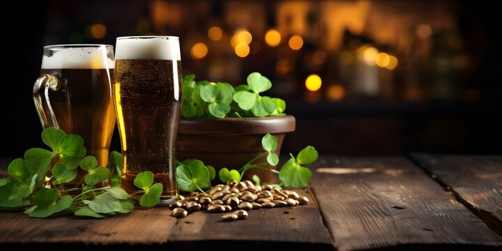 Festive bar scene with a pint of beer and clover lights captured in the background. Concept St, Patrick's Day Photoshoot, Bar Scene, Clover Decor, Pint of Beer, Festive Ambiance