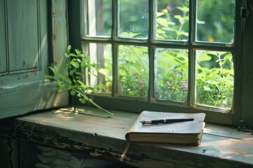 Inviting corner with a notebook and pen on the windowsill, overlooking a lush garden